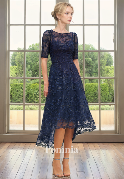 A-Line Scoop Sleeves Lace Appliques Empire-Waist Mother of Bride Dress