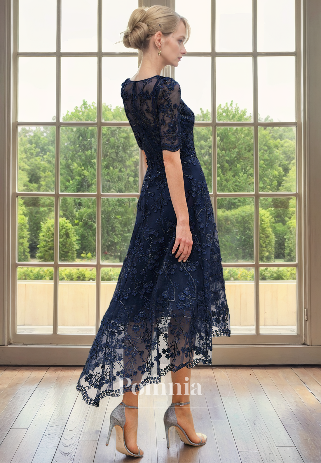 A-Line Scoop Sleeves Lace Appliques Empire-Waist Mother of Bride Dress