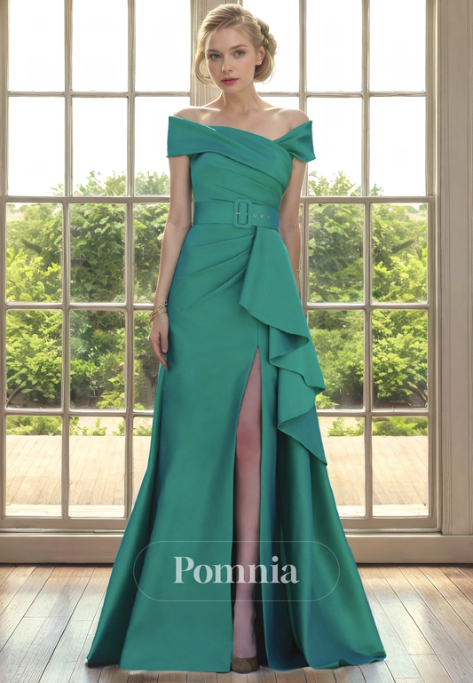 A-Line Strapless Satin Pleated Side Slit Empire-Waist Long Mother of Bride Dress