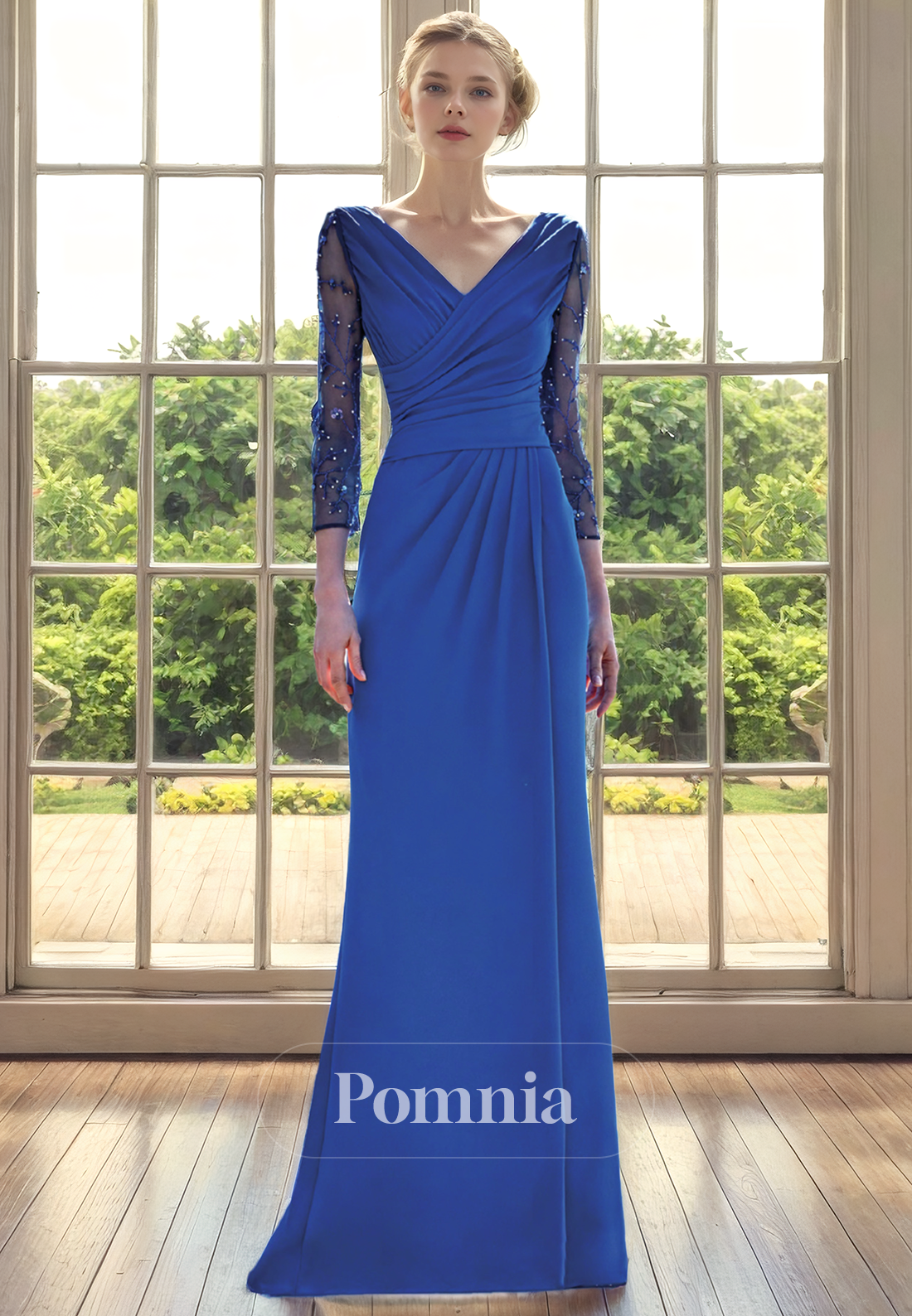 P9168 - Mermaid V-Neck Long Sleeves Pleated Long Cocktail Dress Wedding Guest Dress