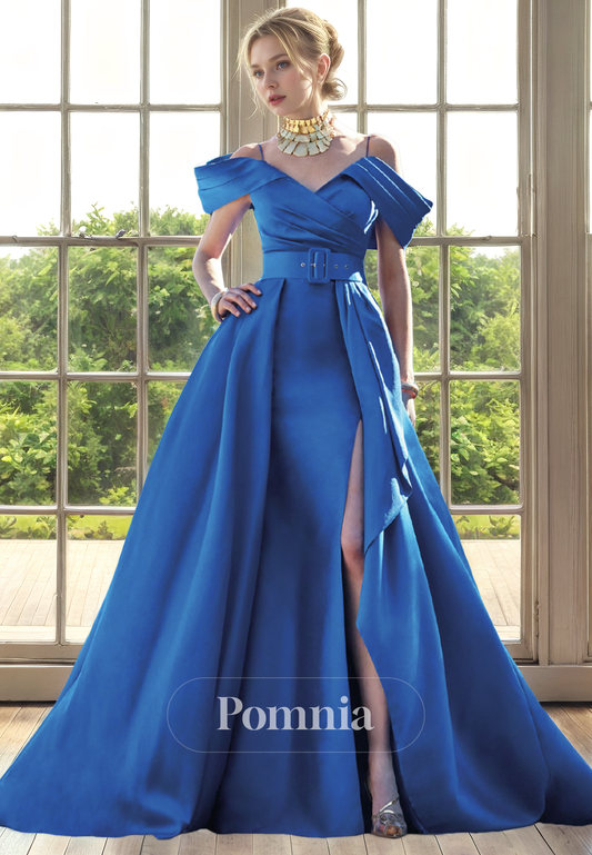 A-Line Strapless Cap Sleeves Empire-Waist Satin Pleated Long Mother of Bride Dress
