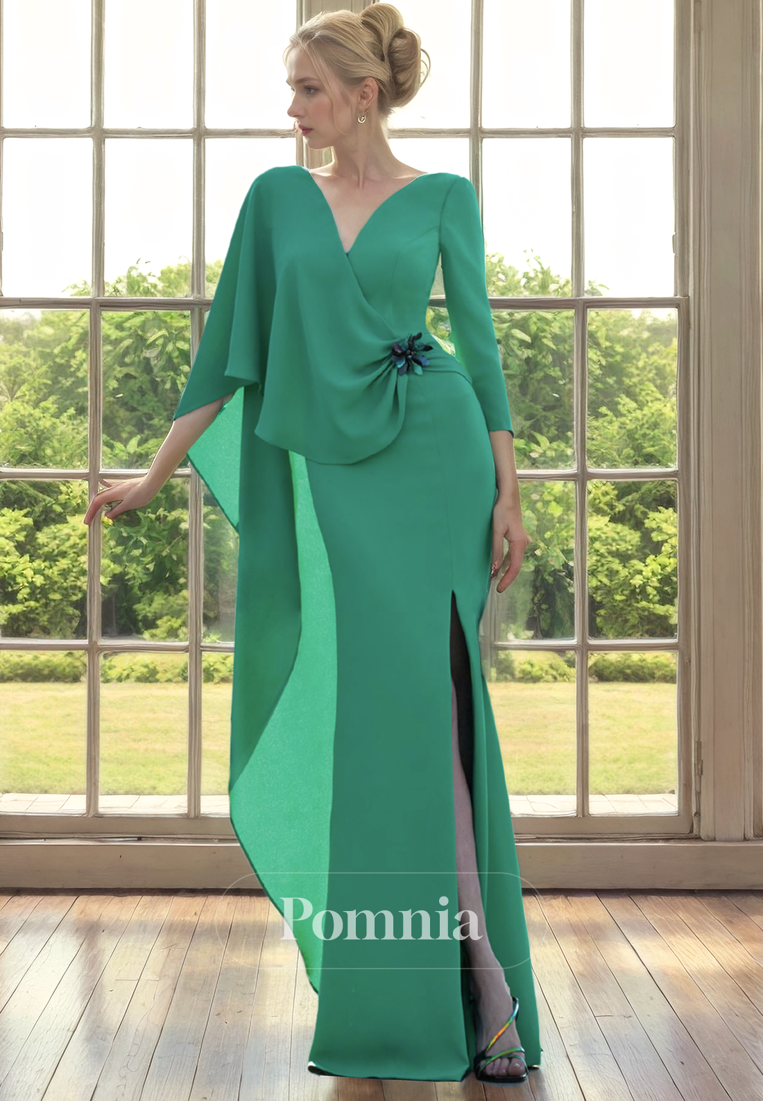 P9169 - Elegant V-Neck Long Sleeves Pleated Cocktail Dress Wedding Guest Dress with Slit