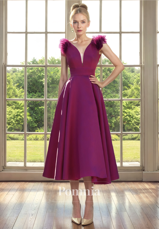 P9165 - A-Line V-Neck Feathers Empire-Waist Pleated Long Cocktail Dress Wedding Guest Dress