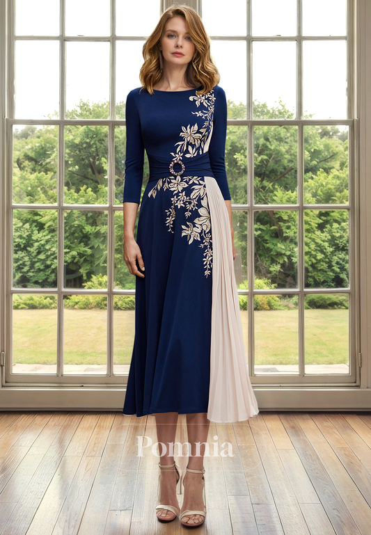 A-Line Scoop Appliques Long Sleeves Pleated Empire-Waist Mother of Bride Dress