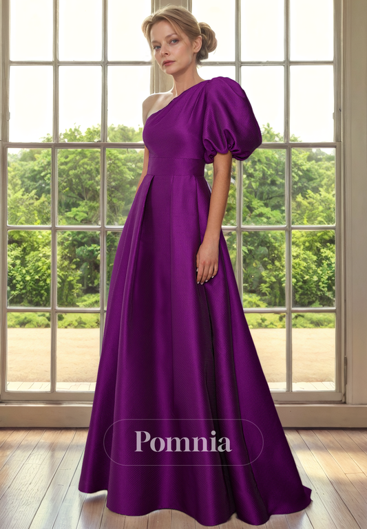 A-Line One Shoulder Satin Pleated Sleeves Long Mother of Bride Dress