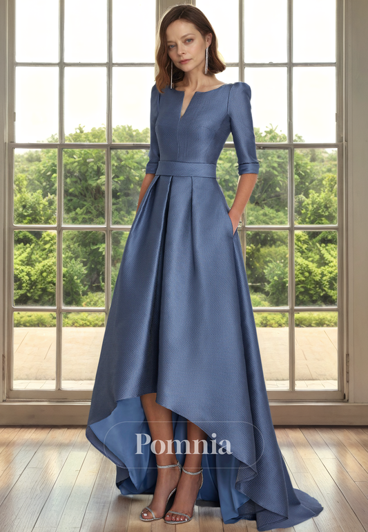 A-Line Empire-Waist V-Neck Long Sleeves Satin Pleated Mother of Bride Dress