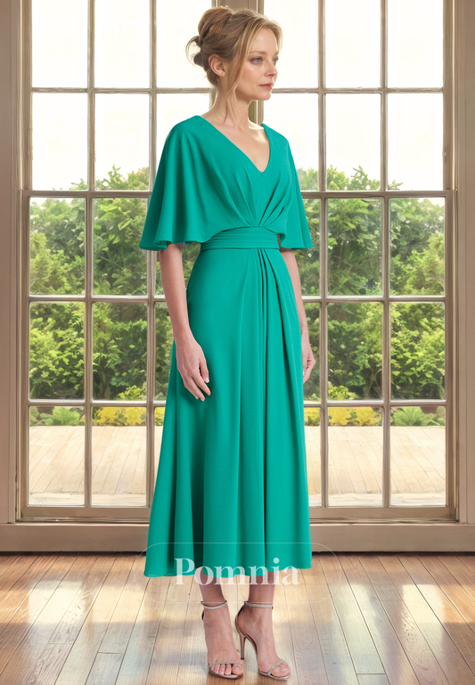 A-Line V-Neck Sleeves Empire-Waist Pleated Satin Mother of Bride Dress