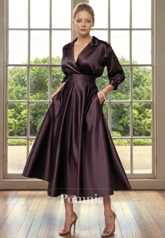 A-Line V-Neck Long Sleeves Satin Pleated Empire-Waist Mother of Bride Dress