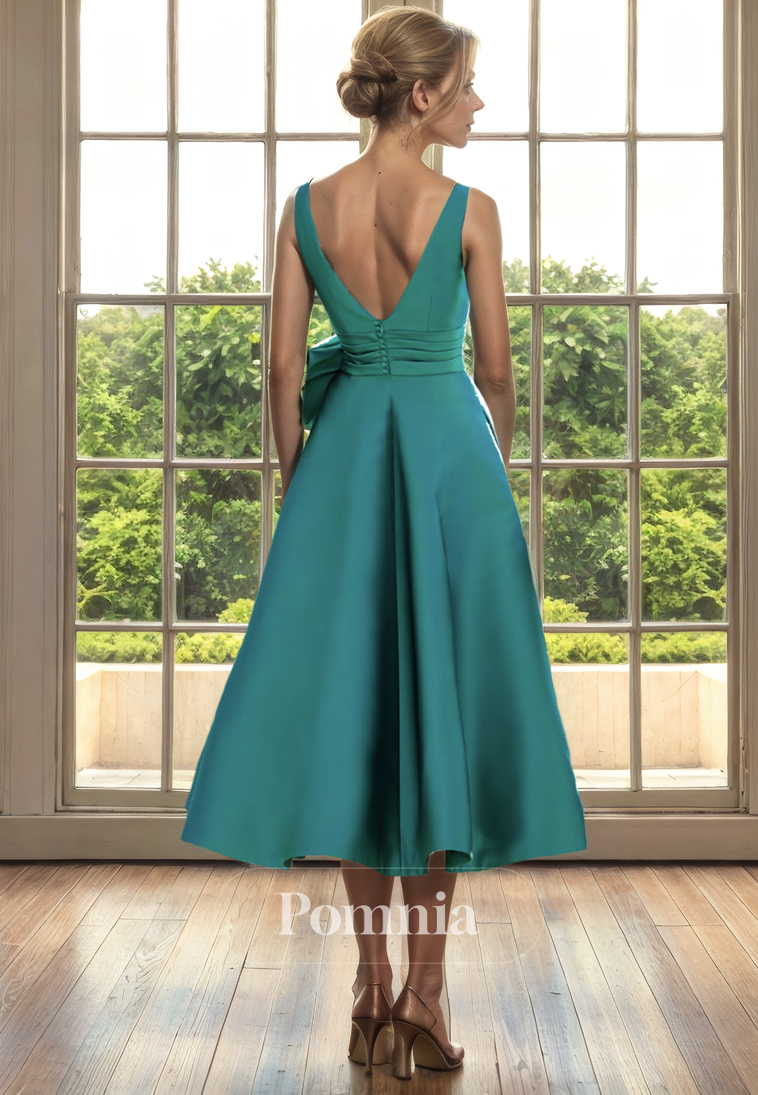 A-Line Empire-Waist Sleeveless Satin V-Neck Knee-Length Mother of Bride Dress