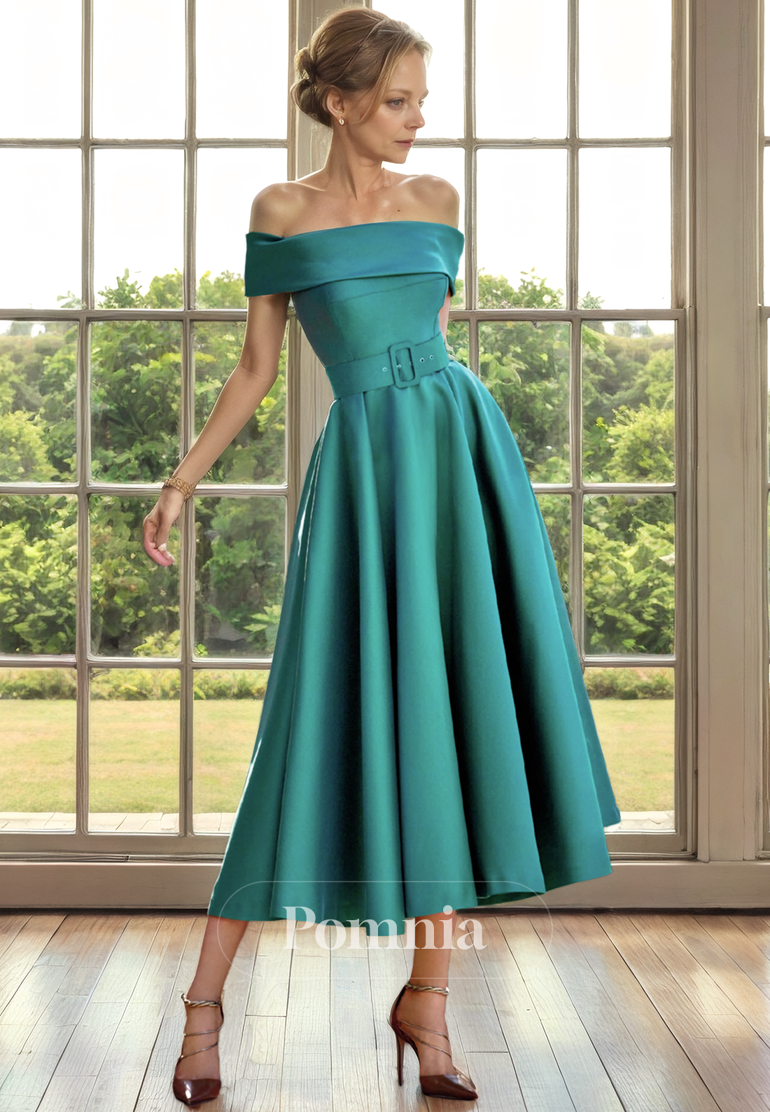 Off-Shoulder A-Line Empire-Waist Pleated Satin Long Mother of Bride Dress