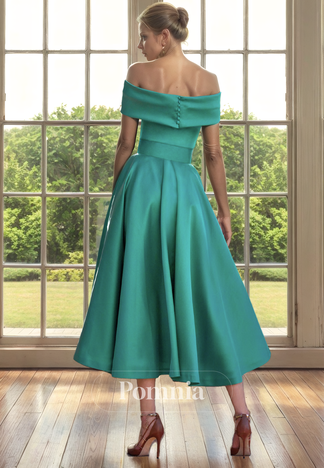 Off-Shoulder A-Line Empire-Waist Pleated Satin Long Mother of Bride Dress