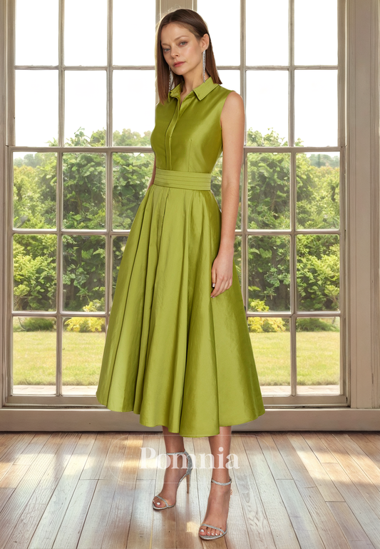 A-Line Empire-Waist Sleeveless Pleated Satin Long Mother of Bride Dress