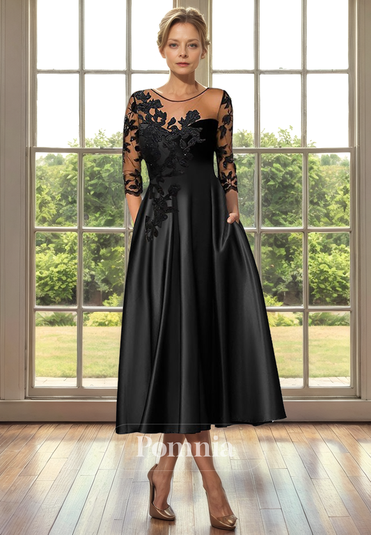 A-Line Illusion Neck Appliques Empire-Waist Satin Long Mother of Bride Dress