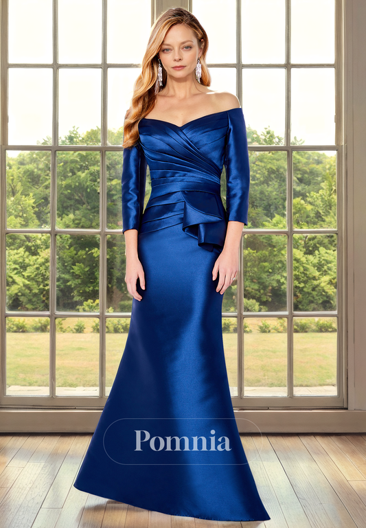 Off-Shoulder V-Neck Long Sleeves Empire-Waist Satin Long Mother of Bride Dress