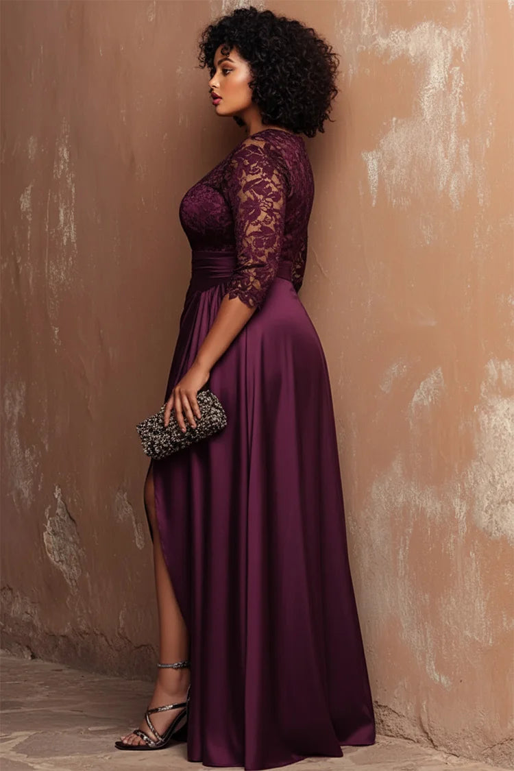 Formal Purple Round Neck Half Sleeve Split Lace Satin Maxi Dress