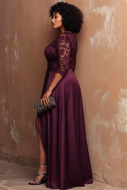 Formal Purple Round Neck Half Sleeve Split Lace Satin Maxi Dress