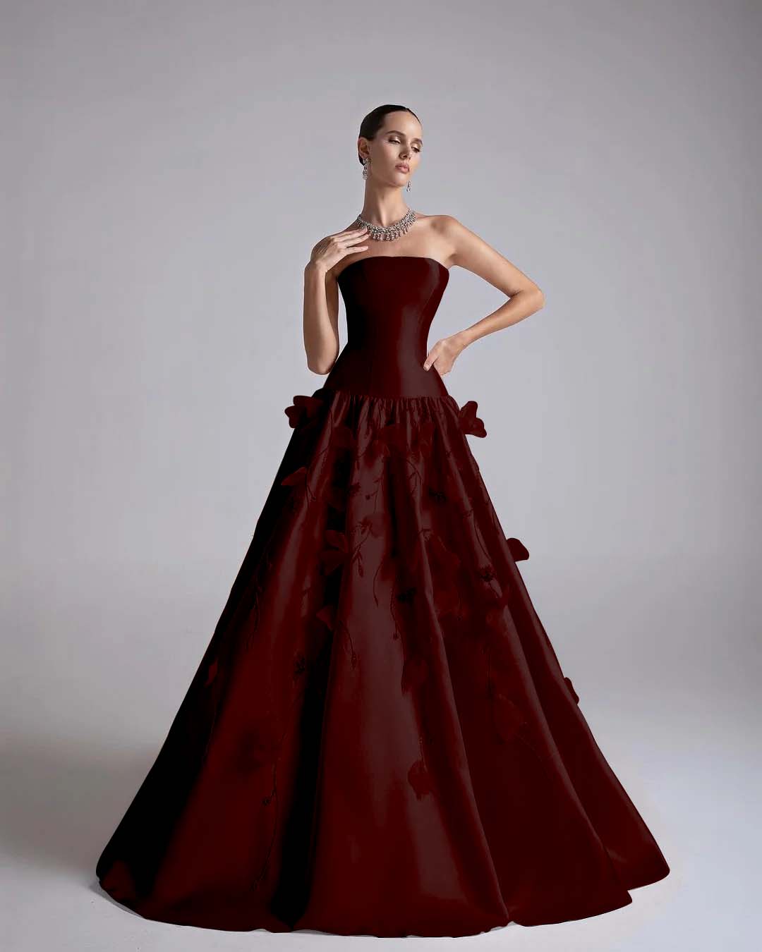 Strapless Sleeveless Long A-Line Prom Dress With Flower Appliqués And Beadings