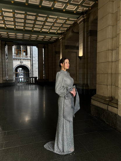 Grey Column Long Sleeves High Neck Bowknot Stunning Evening Gown