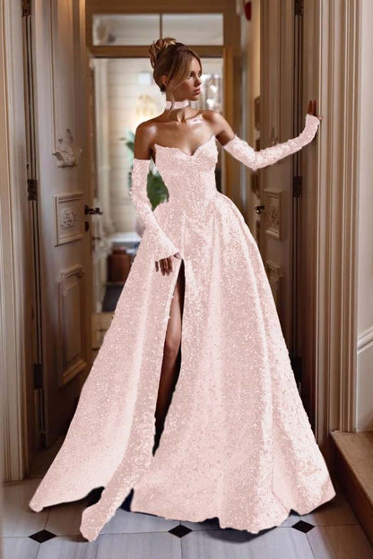 Strapless Sleeveless Long Split Prom Dress With Sequins Detachable sleeves