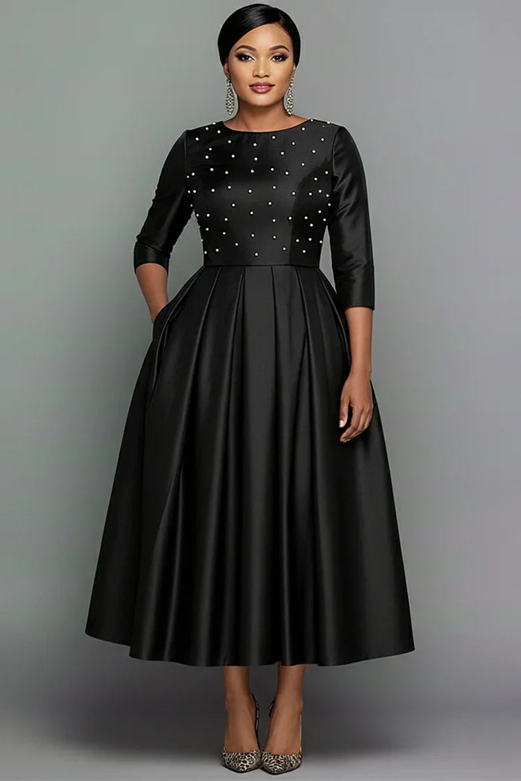 Scoop-Neck 3/4-Sleeves Plus Size Formal Gowns Pearls Satin Pleated A-Line Evening Dress
