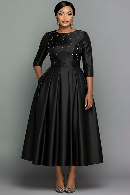 Scoop-Neck 3/4-Sleeves Plus Size Formal Gowns Pearls Satin Pleated A-Line Evening Dress
