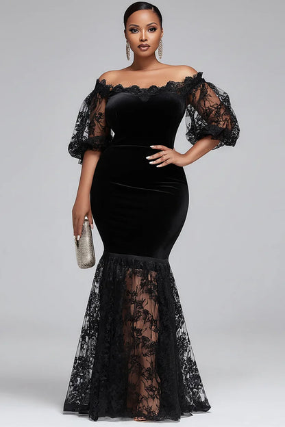 Lace Black Off The Shoulder Short Sleeve Bodycon Velvet Maxi Dress