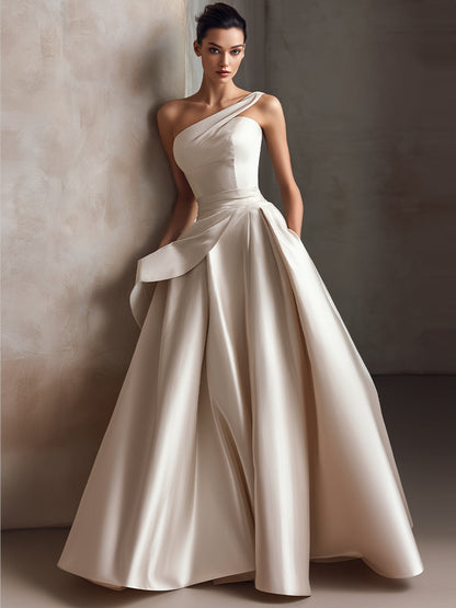 One-Shoulder Sculpted Pleated Ball Gown