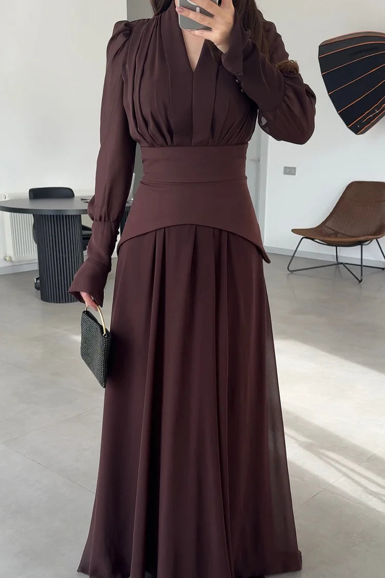 Pleated V Neck Puff Shoulder Long Sleeve Party Maxi Dress