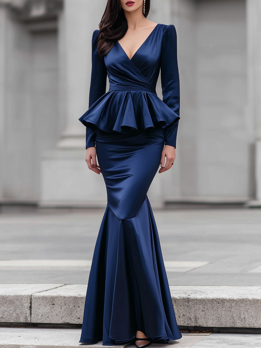 Midnight Elegance Satin Peplum Mermaid Gown