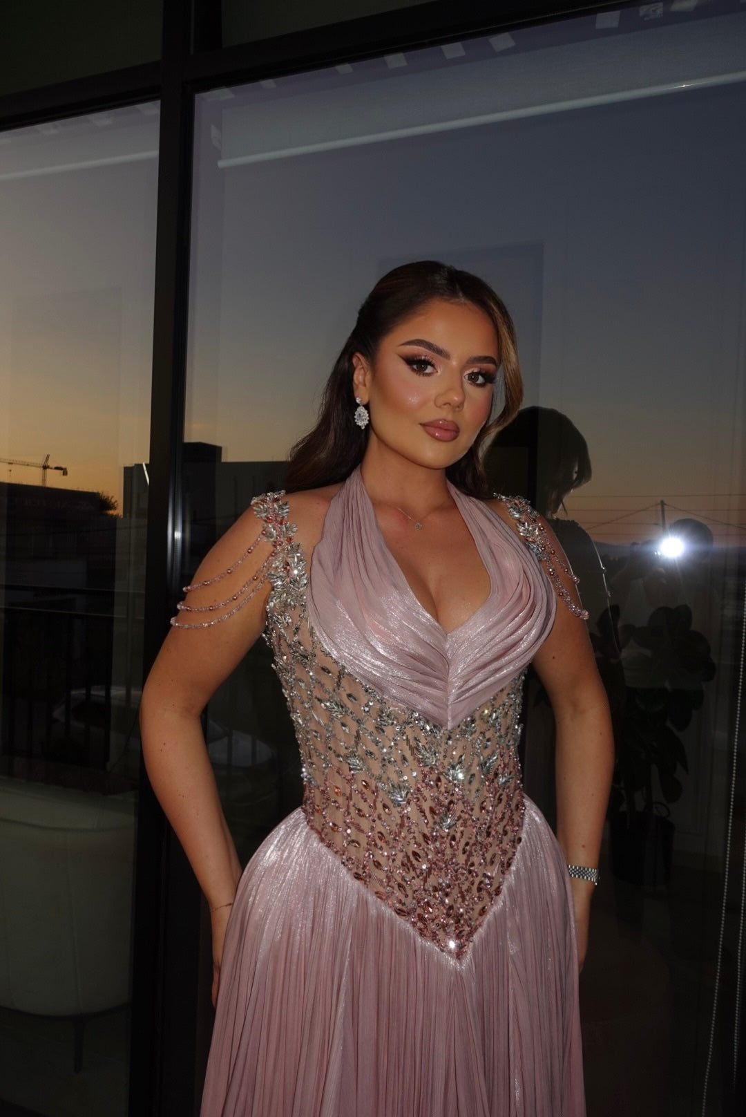 Blushing Pink Halter A-Line Embellished Flowing Dress