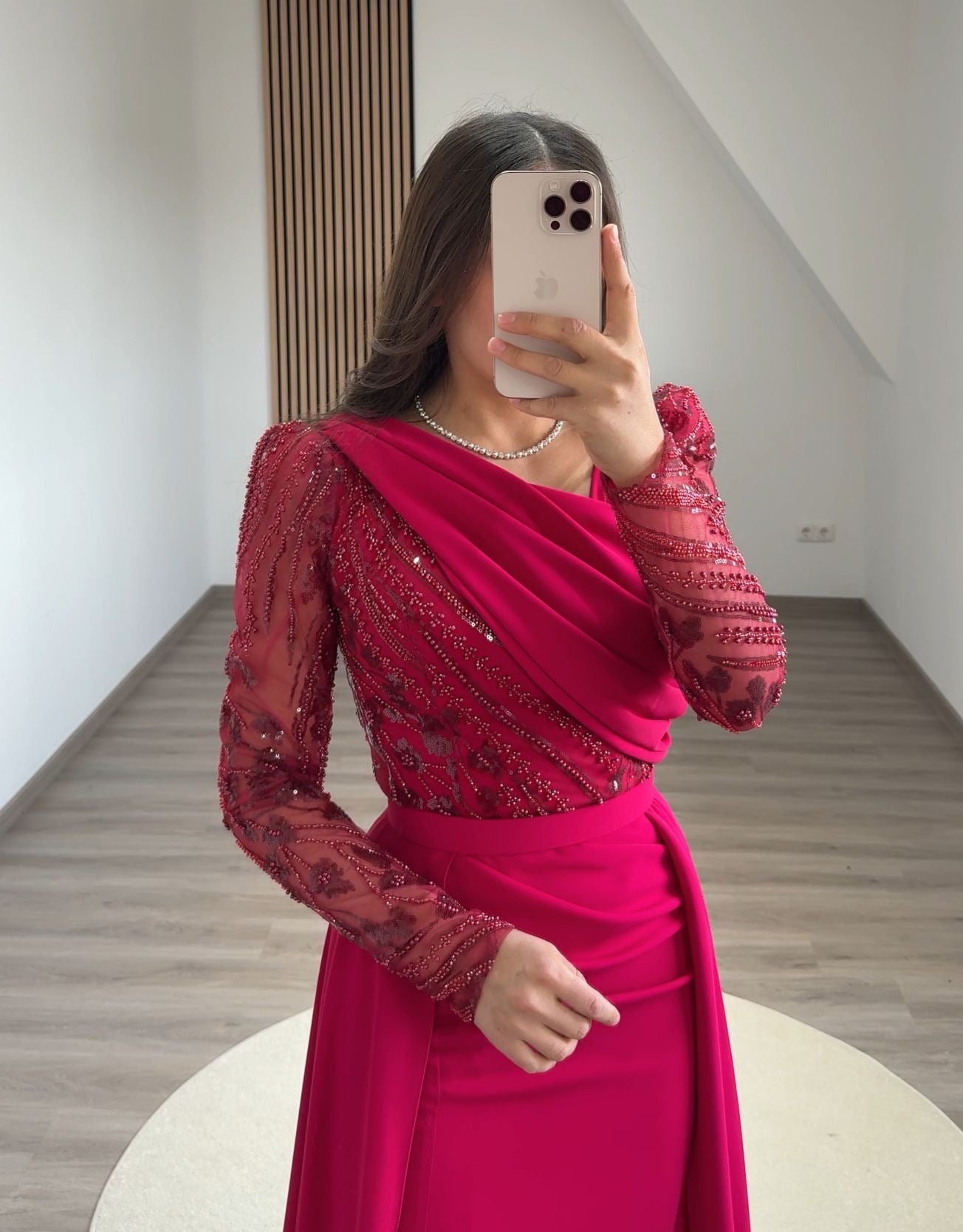 Fuchsia Long Sleeves Scoop Appliques Evening Dress