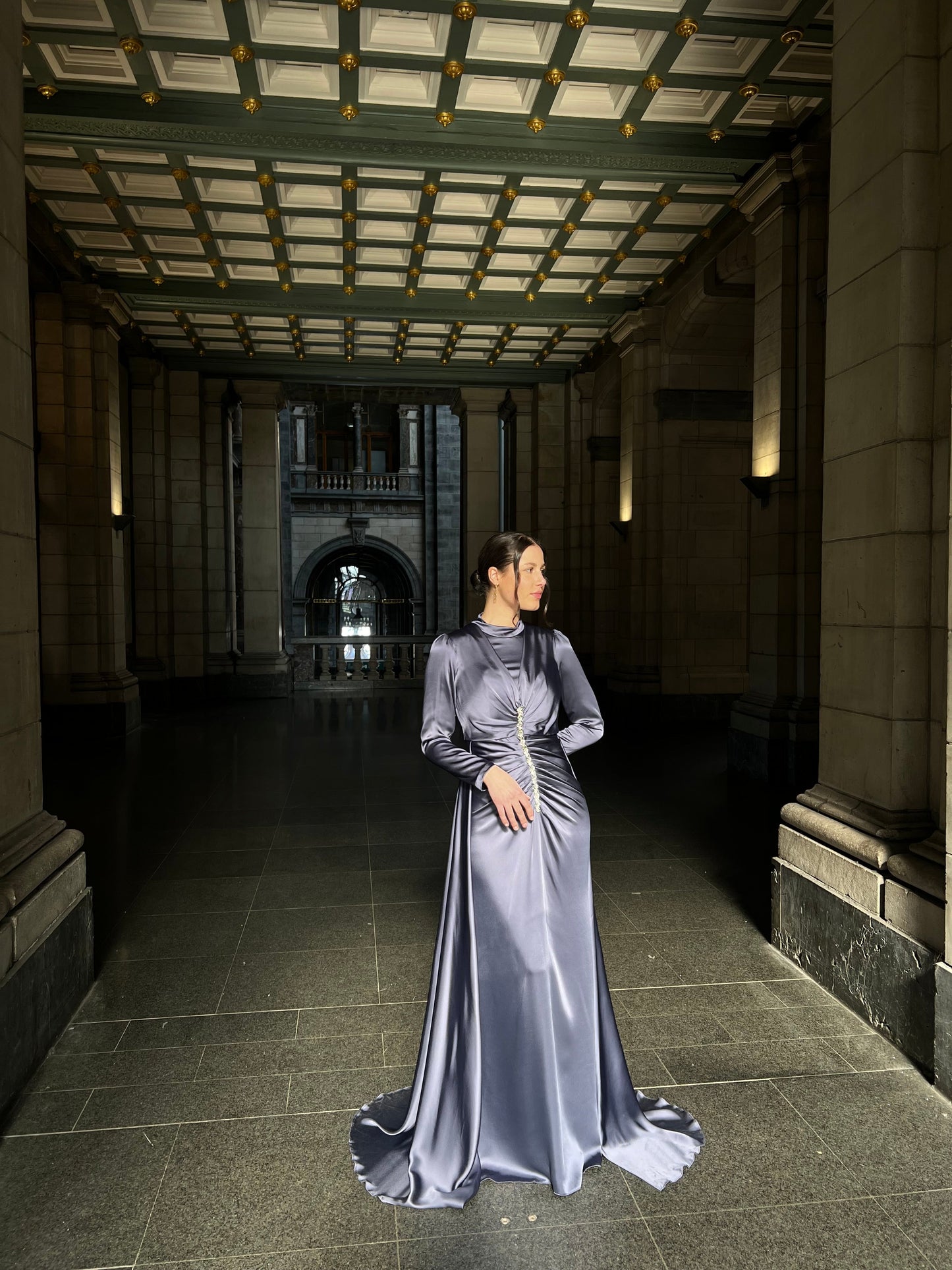 Dusty Blue Beaded Ruched Long Sleeves Evening Dress with Train