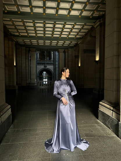 Dusty Blue Beaded Ruched Long Sleeves Evening Dress with Train