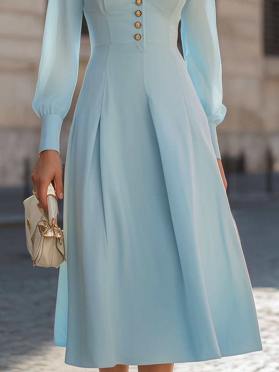 Mooyius Presents The Light Blue V-Neck Buttoned Long-Sleeve Midi Dress