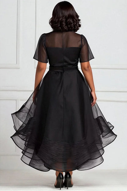 Cocktail Party Black Round Neck Short Sleeve Ruffle Elegant 3D Dress