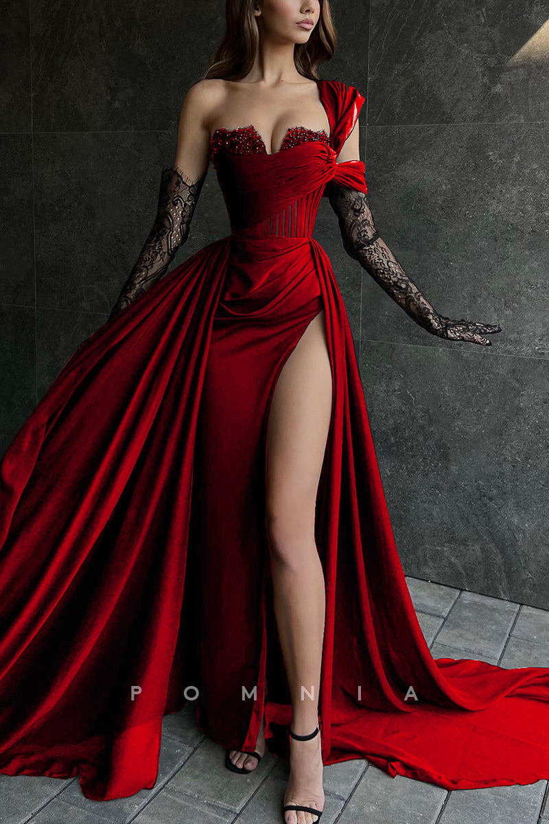 P1832 Striking One Shoulder Chiffon A-Line High Split Prom