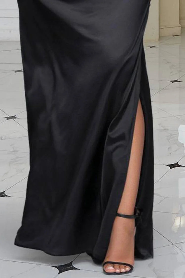 Formal Satin Black Mock Neck Lantern Sleeve Long Sleeve Split Maxi Dress