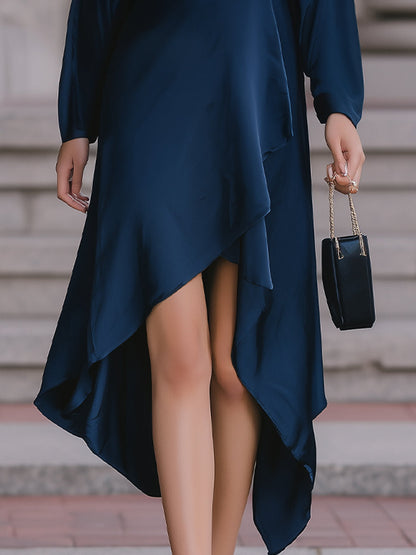 Midnight Elegance: Satin V-Neck Asymmetrical Wrap Dress