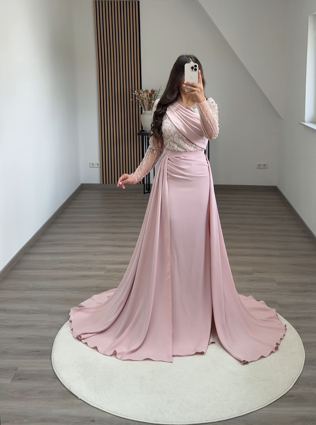 Long Sleeves One Shoulder Ruched Evening Dress