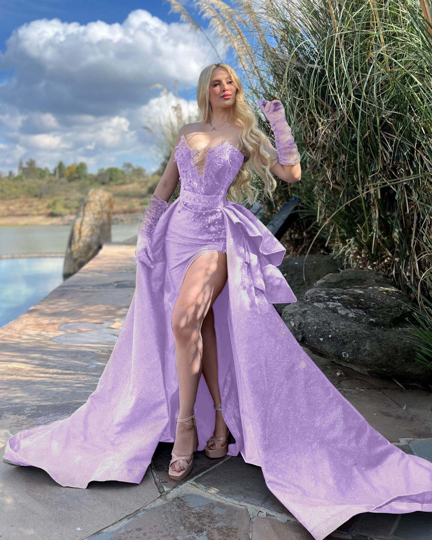 Strapless Sleeveless Long Split Prom Dress With Gloves Beading