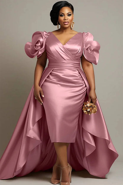 Mother Of The Bride Champagne Short Sleeve Peplum 3D Satin Midi Dress