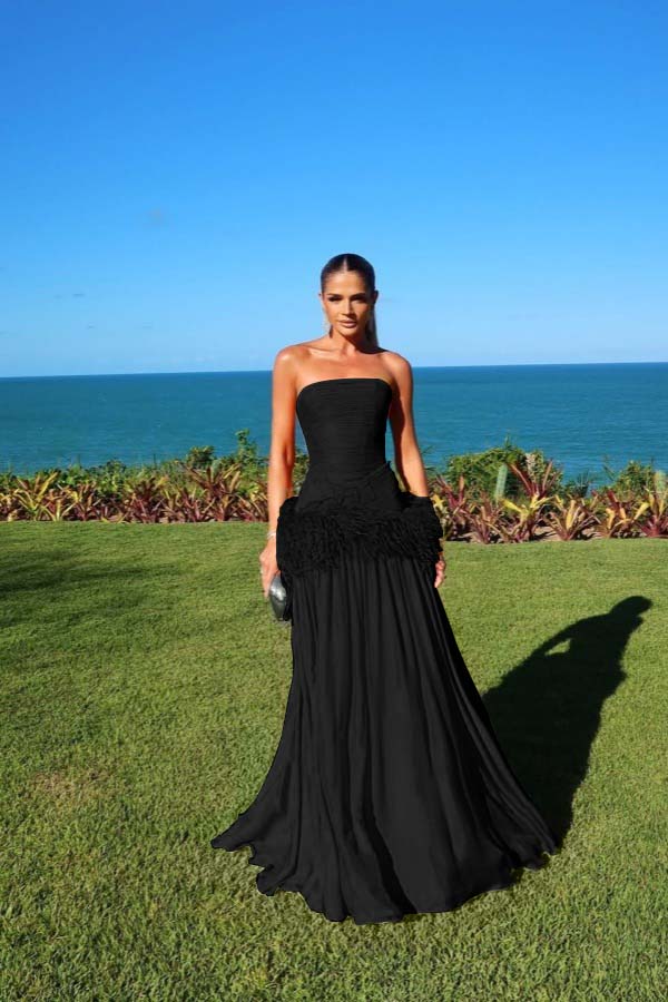 Chiffon Strapless Sleeveless Long A-Line Prom Dress With Pleated And Feathers