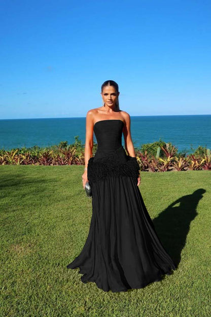 Chiffon Strapless Sleeveless Long A-Line Prom Dress With Pleated And Feathers