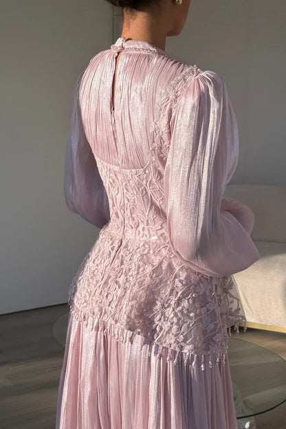 Flower Embroidery Beaded Tassel Pleated Party Maxi Dress