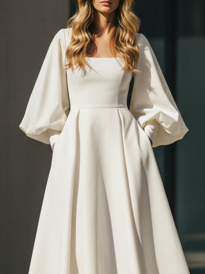 Ivory Sculpted Midi Dress With Balloon Sleeves