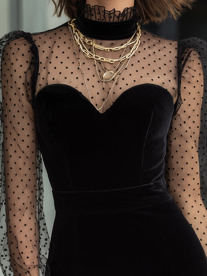 Velvet Polka Dot Sheer Sleeve Mini Dress