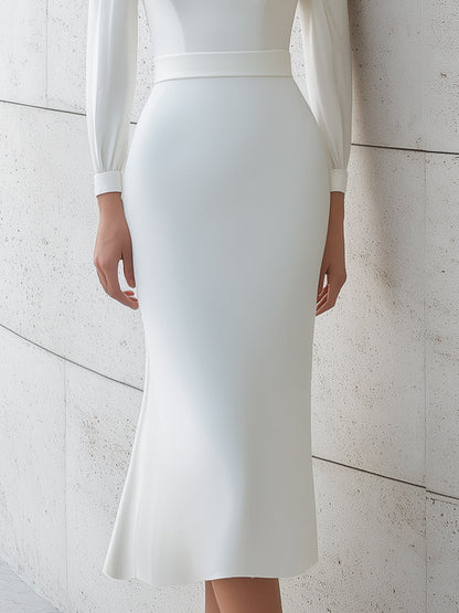 Boat Neck Pleated Shoulder White Midi Dress