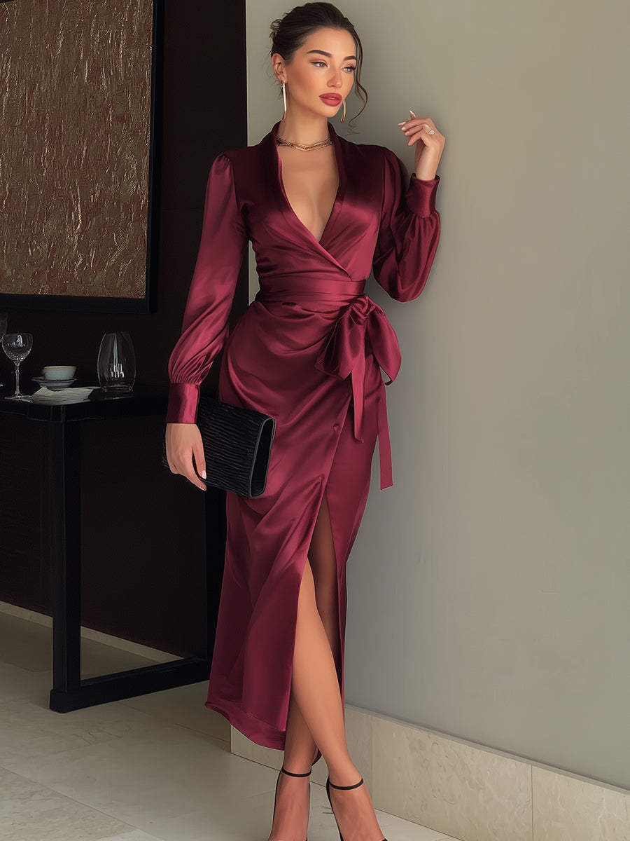 Burgundy Satin Wrap Gown With Waist Tie