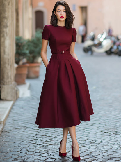 Elegant Belted Low-waisted Midi Dress With Short Sleeves