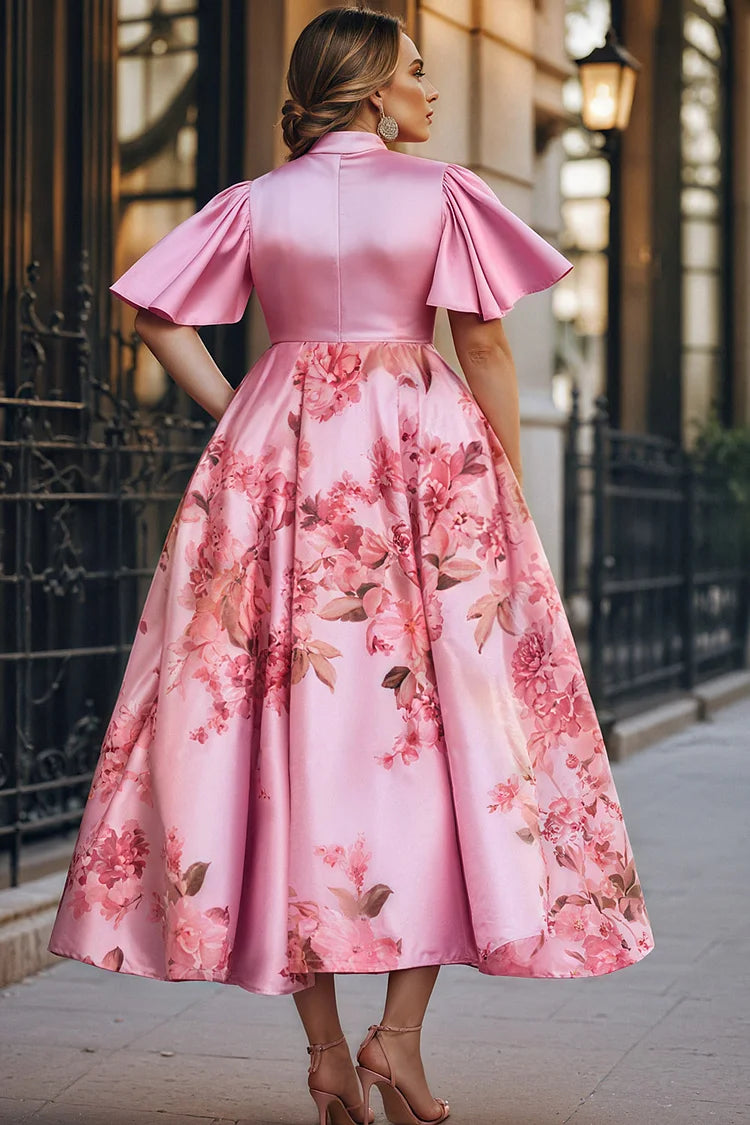 Pink Floral Short Sleeve Bow Tie Pocket Satin Midi Dress